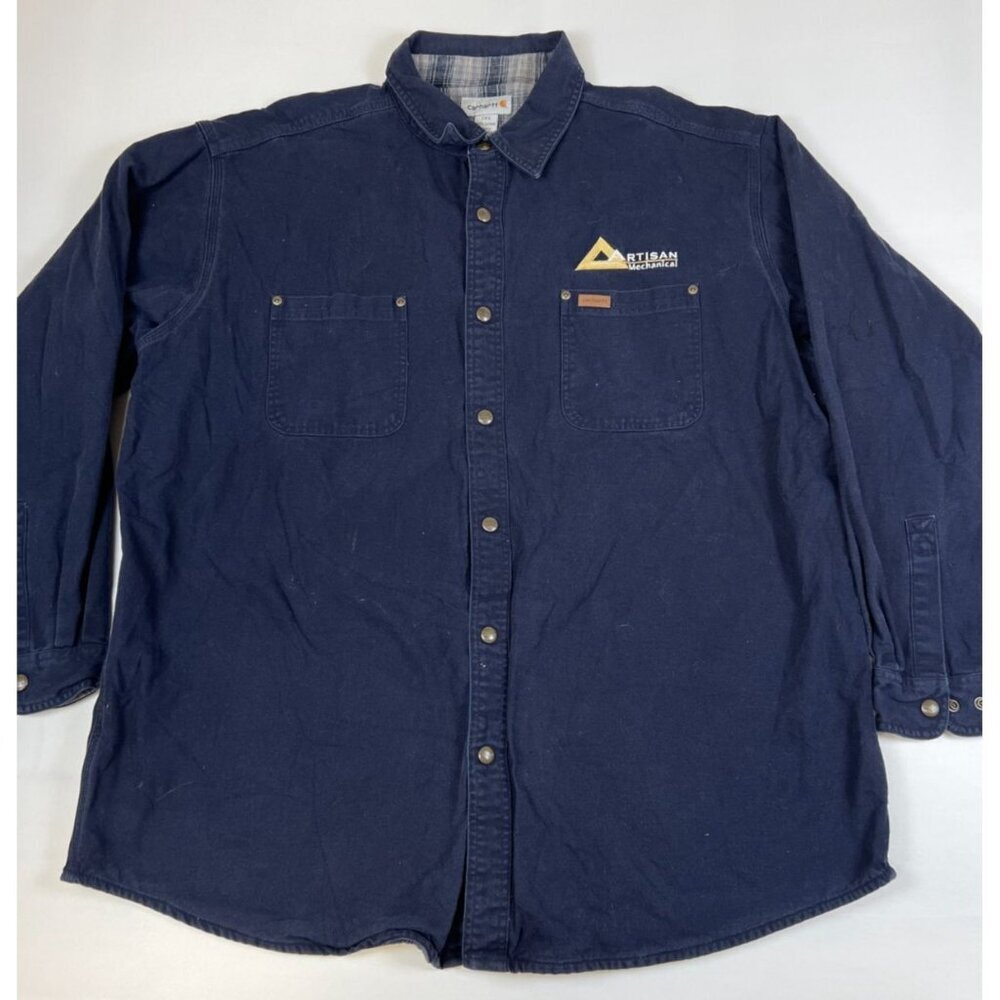 Carhartt Men 2XL Navy Blue Canvas Shirt Jacket Artisan Mechanical Flannel Lined